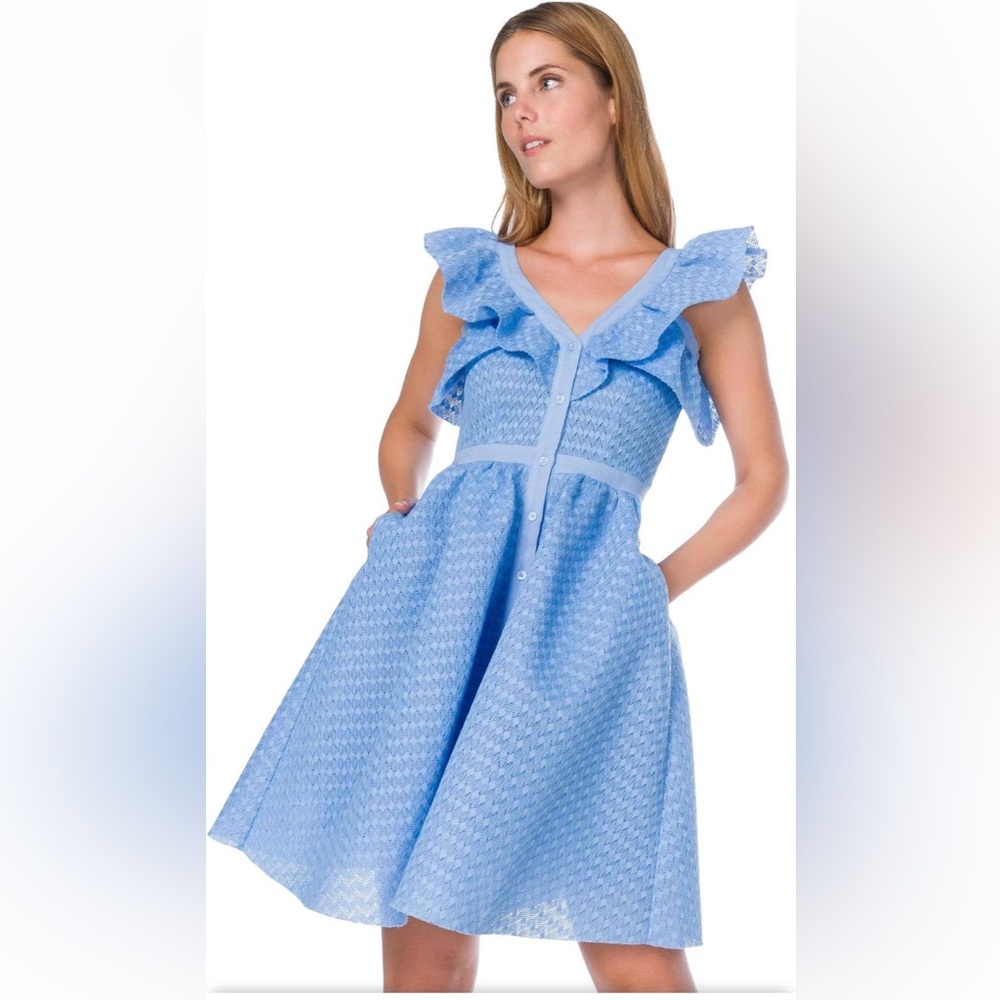 Maje Blue off the shoulder lace dress